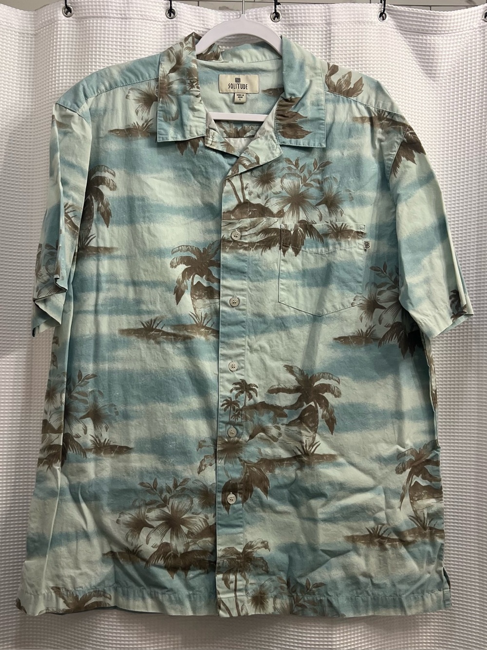 Vintage Light Blue Tropical Print Short-Sleeve Button-Down Shirt